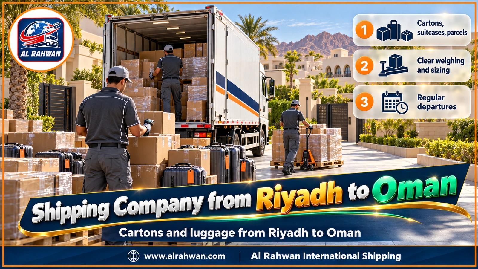 Shipping Company from Riyadh to Oman - numbered cartons and wrapped suitcases lined up on a loading platform in a Riyadh warehouse before shipping to Oman