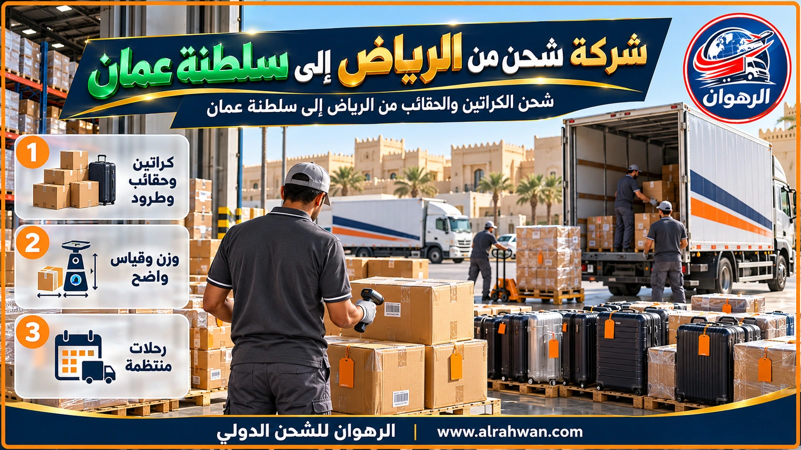شركة شحن من الرياض إلى سلطنة عمان - كراتين مرقمة وحقائب سفر مغلفة مصفوفة على منصة تحميل في مستودع بالرياض قبل شحنها إلى سلطنة عمان