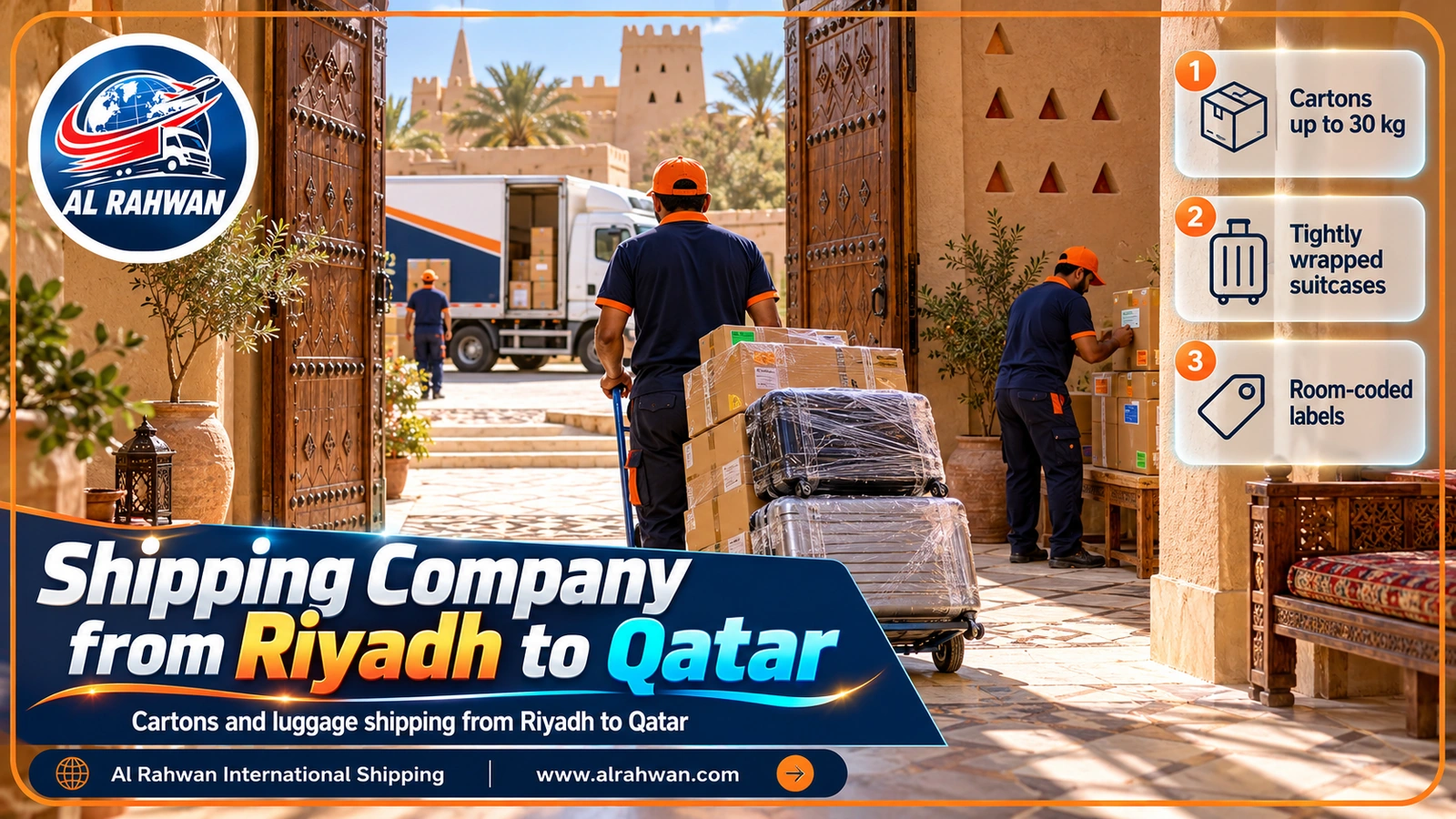 Wrapped cartons and suitcases of a shipping company from Riyadh to Qatar at the entrance of a Najdi-style villa
