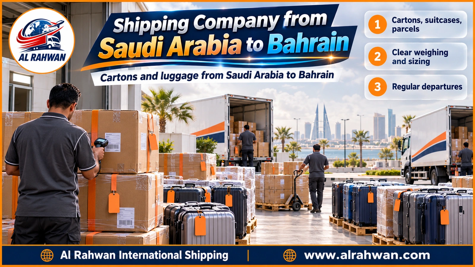 Shipping company from Saudi Arabia to Bahrain - neat rows of taped cartons and hard-shell suitcases on low pallets in a bright warehouse before shipping