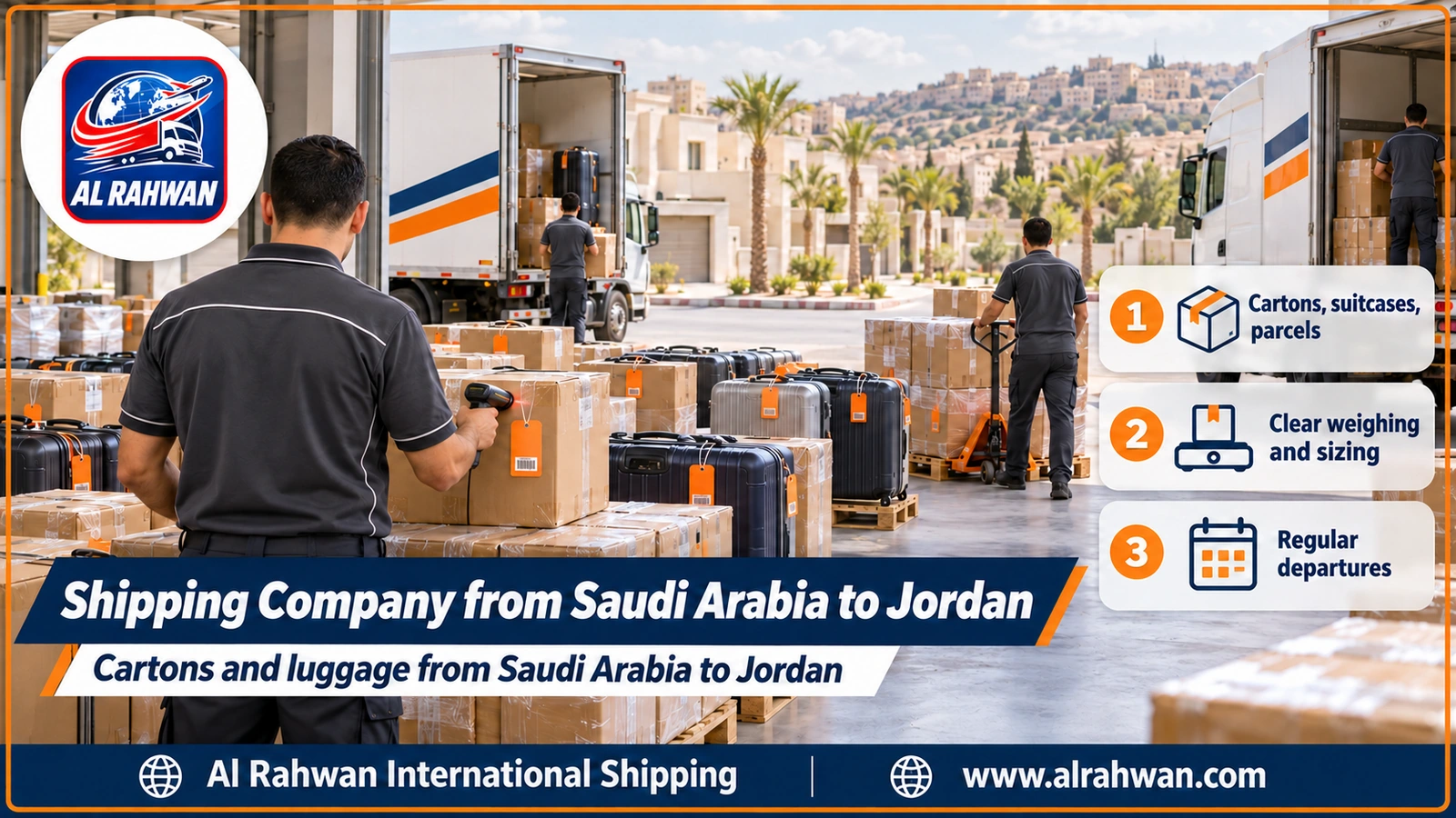 Shipping Company from Saudi Arabia to Jordan - numbered, wrapped cartons and travel bags lined up inside a warehouse before shipping to Jordan
