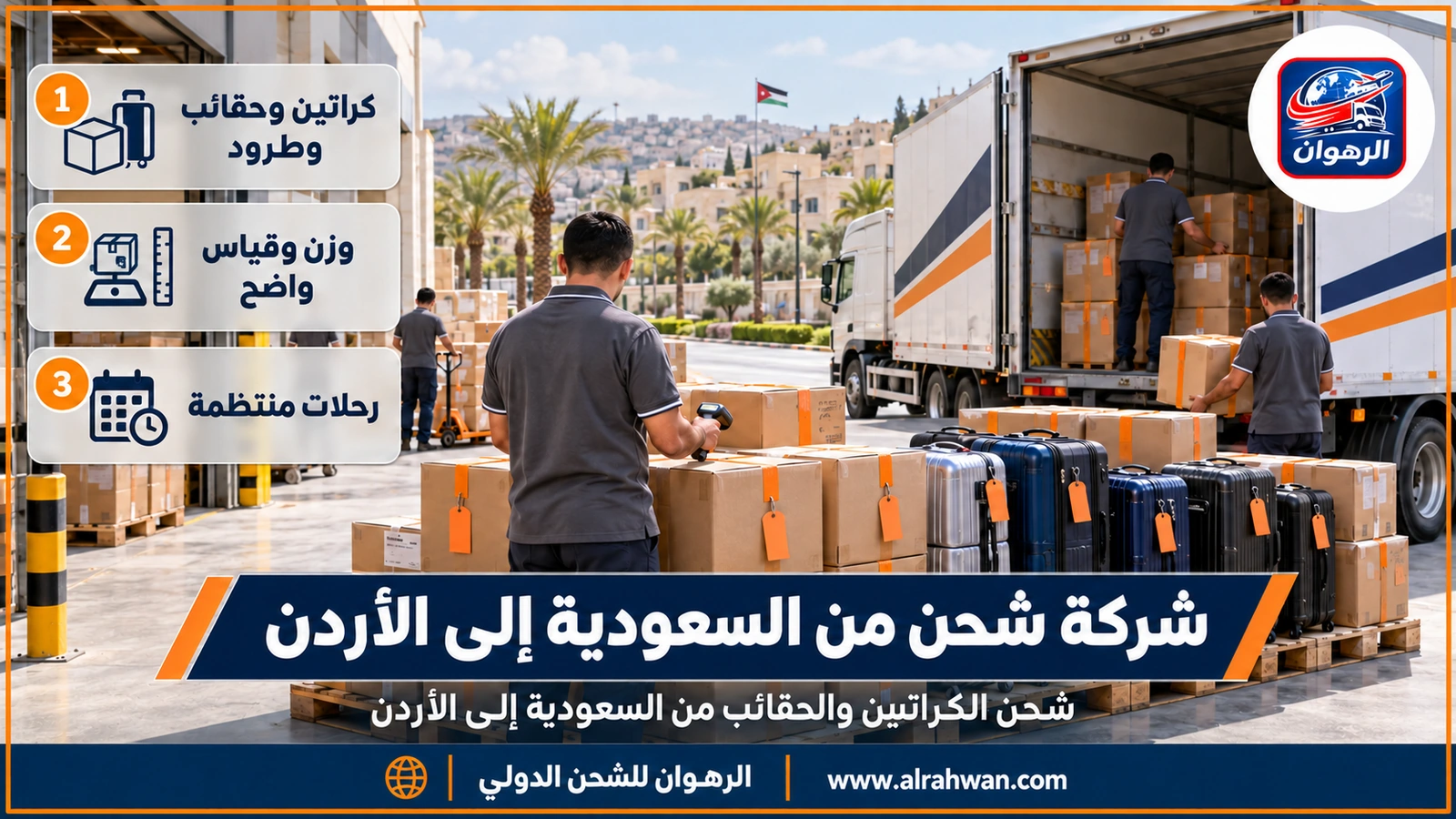 شركة شحن من السعودية إلى الأردن - كراتين وحقائب سفر مرقمة ومغلفة مصفوفة داخل مستودع قبل شحنها إلى الأردن