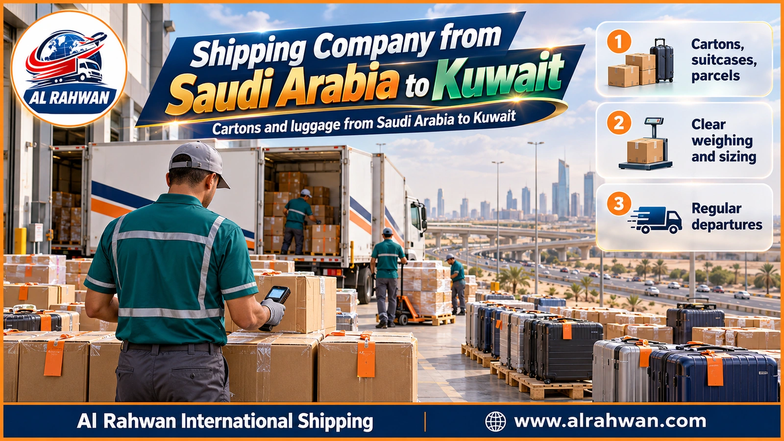 Numbered cartons and suitcases ready at a shipping company from Saudi Arabia to Kuwait