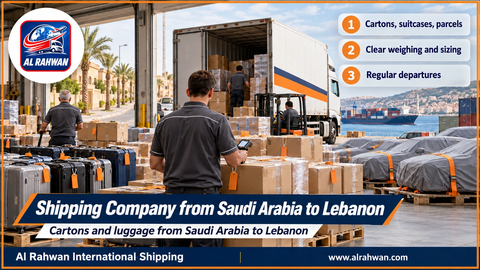 Shipping Company from Saudi Arabia to Lebanon - numbered cartons and luggage stacked inside a warehouse before the transfer to Jeddah port