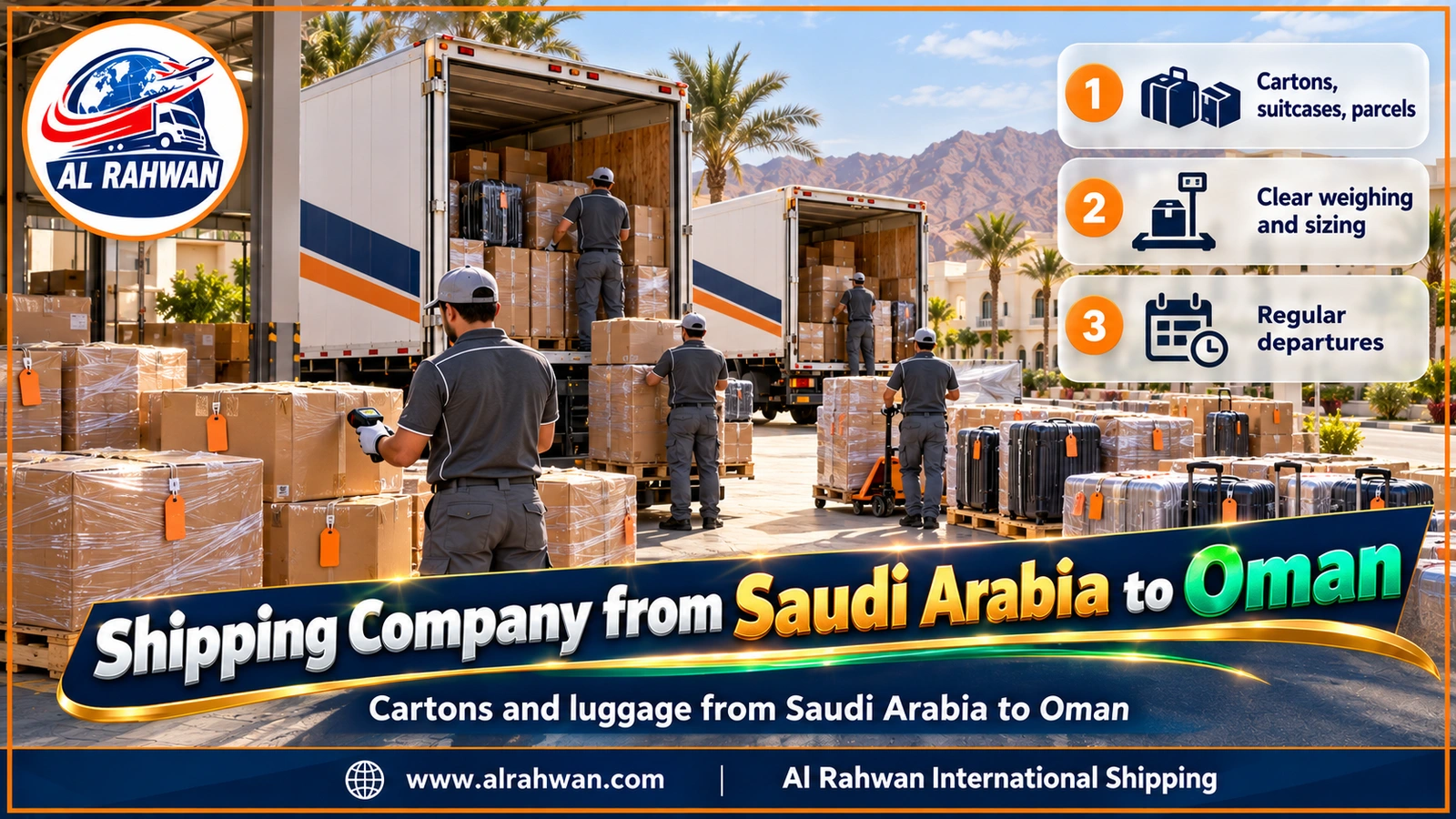 Shipping Company from Saudi Arabia to Oman - numbered, wrapped cartons and travel suitcases lined up in a warehouse ready for shipment to Oman