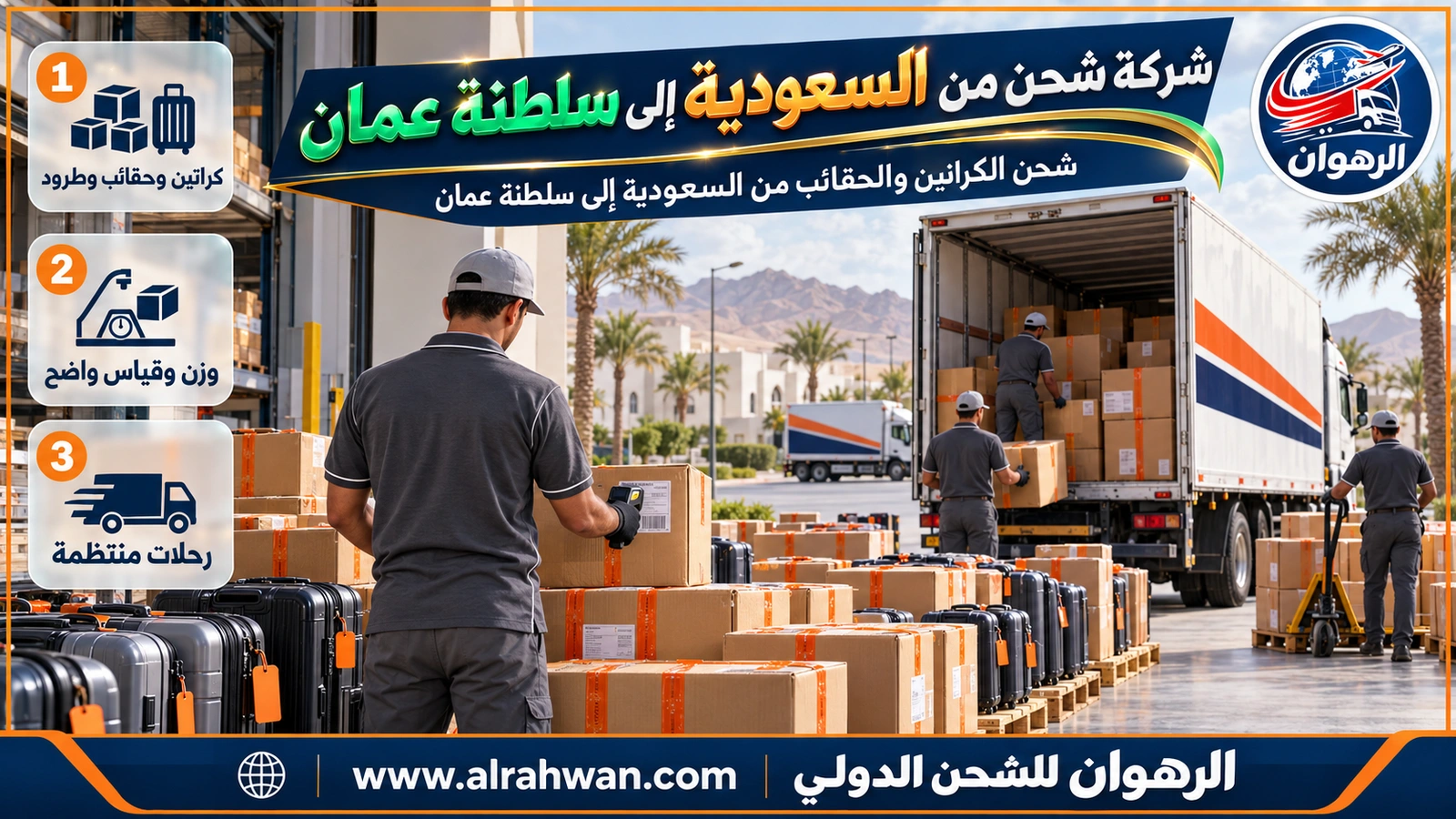 شركة شحن من السعودية إلى سلطنة عمان - كراتين وحقائب سفر مرقمة ومغلفة مصفوفة داخل مستودع قبل شحنها إلى سلطنة عمان