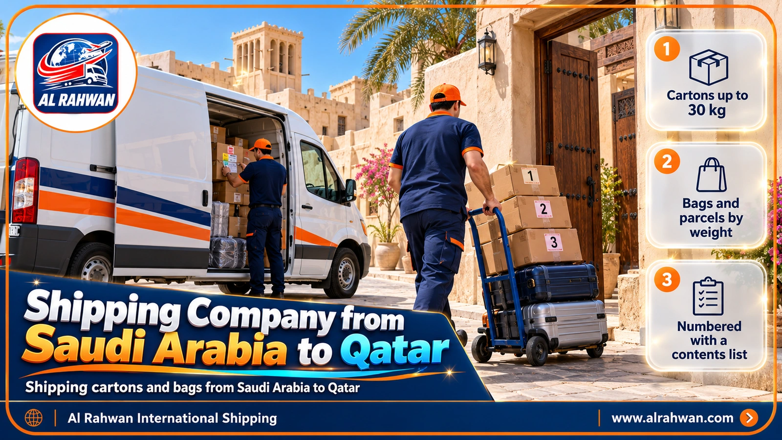 Shipping cartons and suitcases with a shipping company from Saudi Arabia to Qatar to the receiver's door