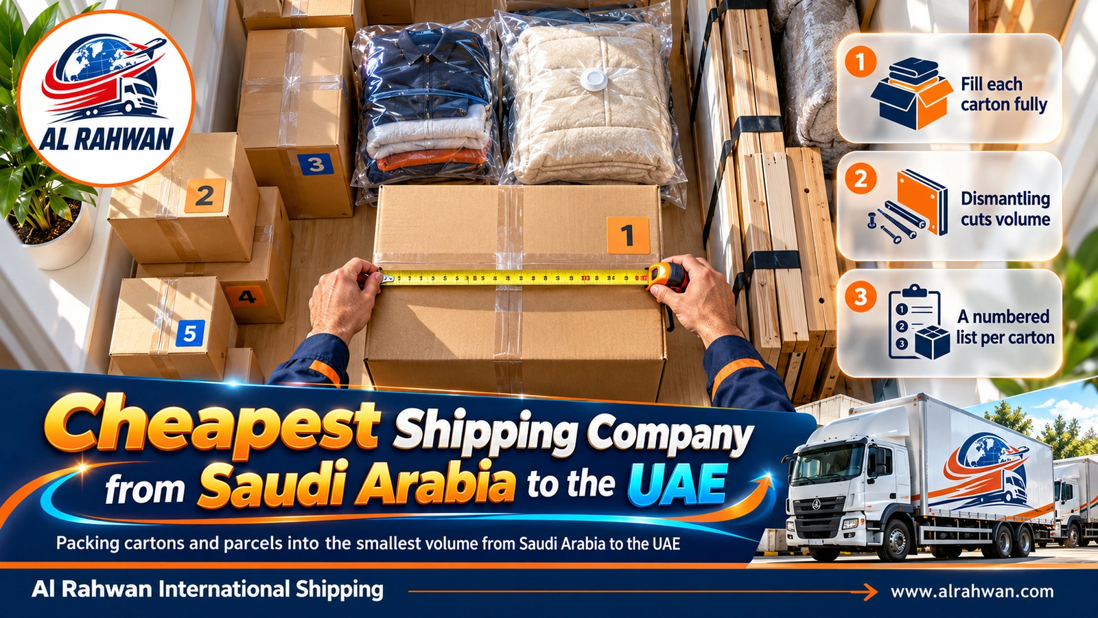 Packing and measuring cartons to cut costs with the cheapest shipping company from Saudi Arabia to the UAE
