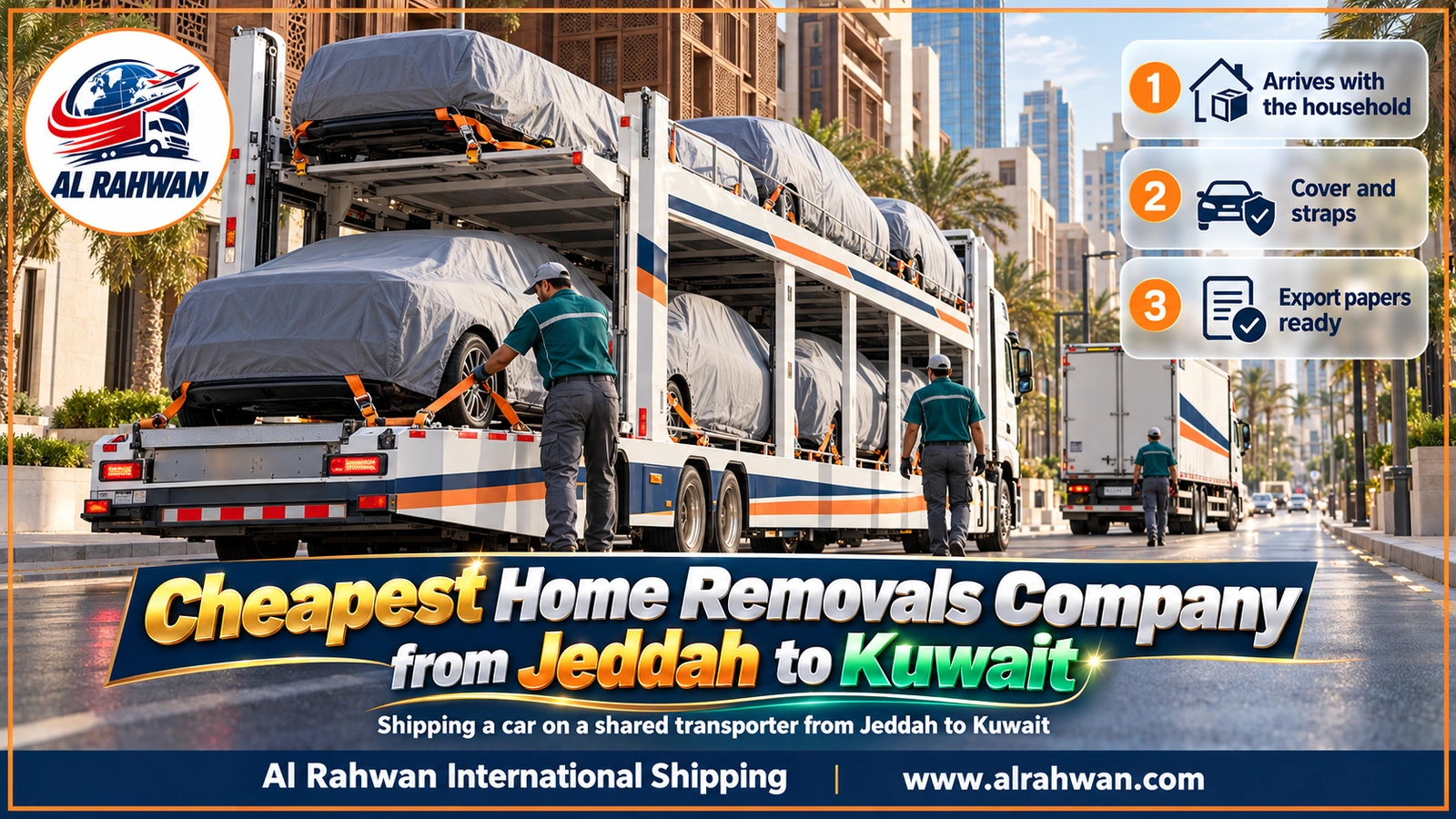 Cars covered and strapped down on a shared multi-deck transporter from Jeddah to Kuwait