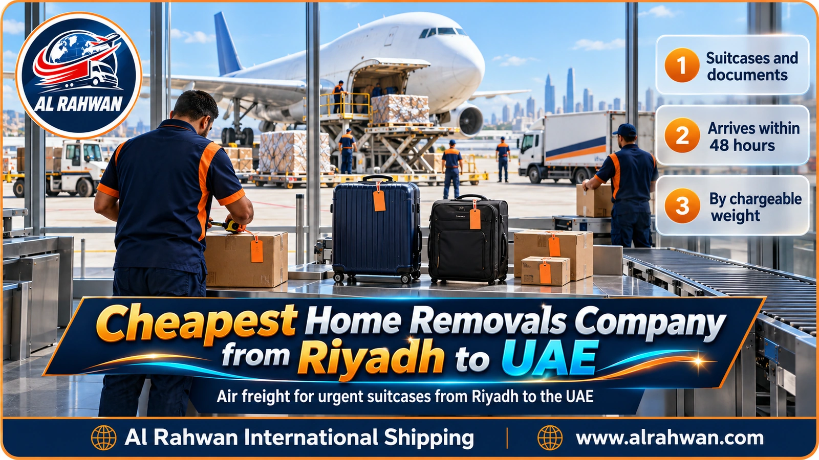 Suitcases and small parcels being loaded onto a cargo plane from Riyadh to the UAE