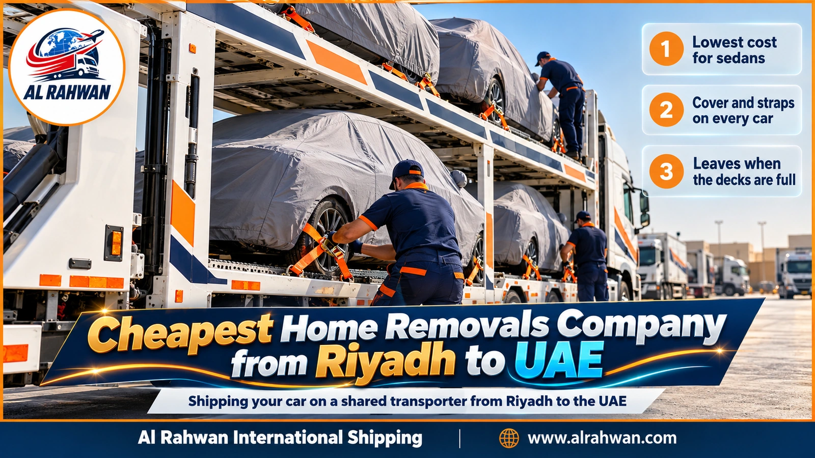 Covered, strapped cars on a shared multi-deck car carrier heading from Riyadh to the UAE