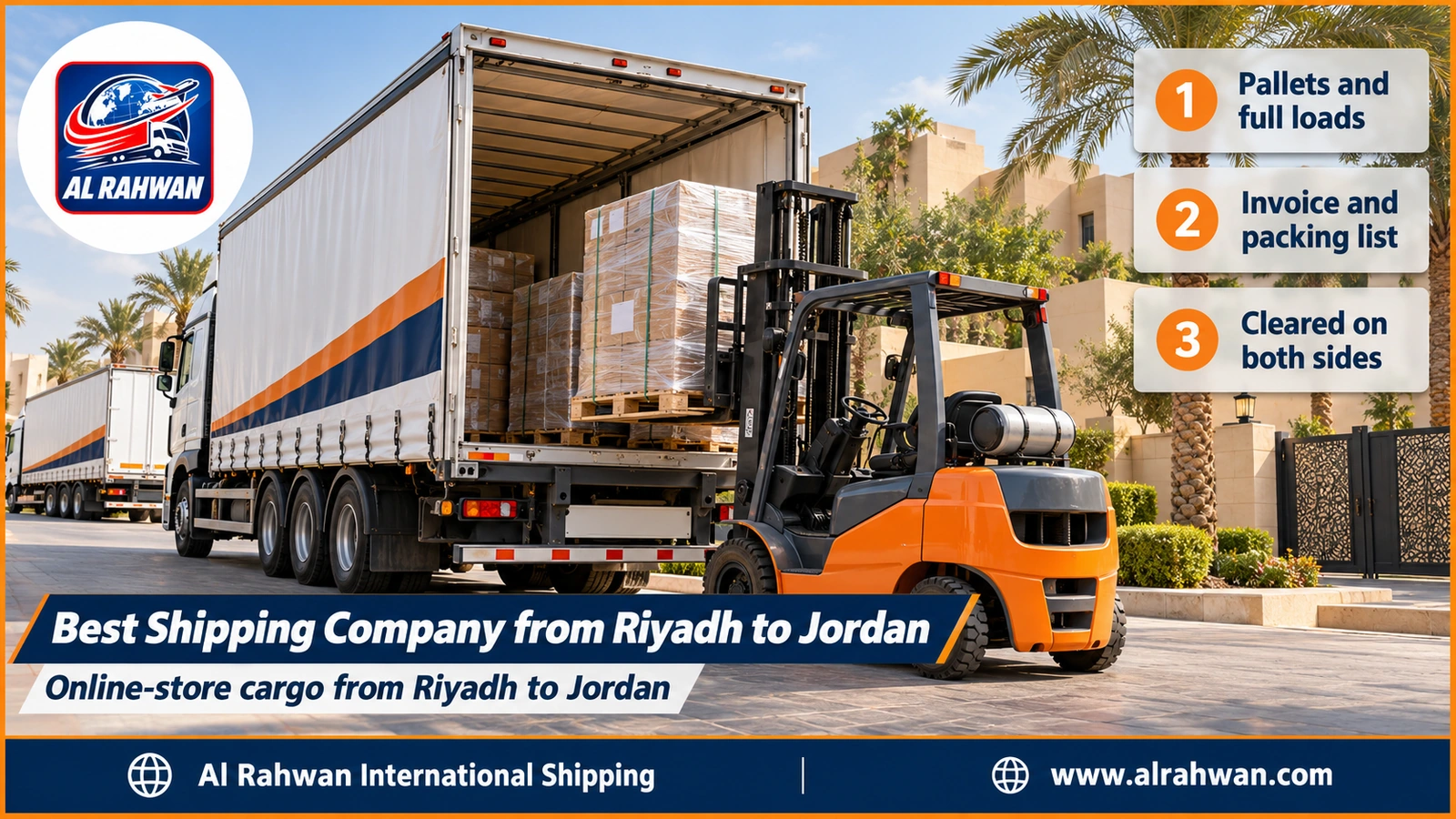 Best Shipping Company from Riyadh to Jordan - online-store order cartons stacked on pallets in a Riyadh warehouse ready for loading onto a truck bound for Jordan