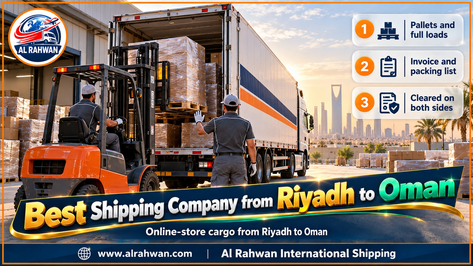 Best Shipping Company from Riyadh to Oman - online-store order cartons stacked on pallets in a Riyadh warehouse ready for loading onto a truck bound for Oman