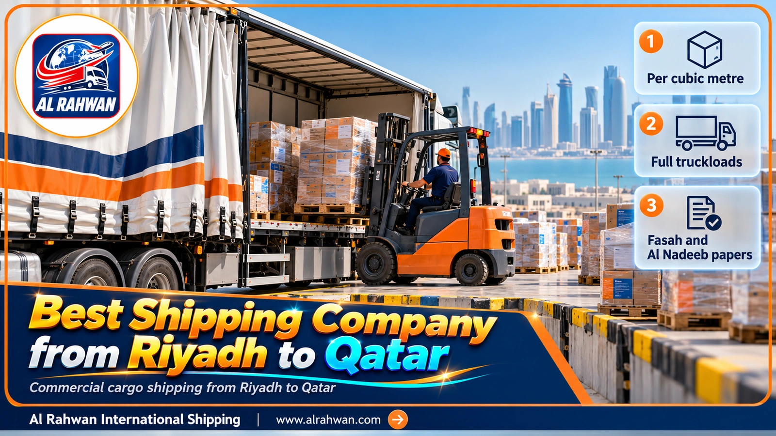 Commercial goods loaded onto a curtain-sider trailer for shipping from Riyadh to Qatar