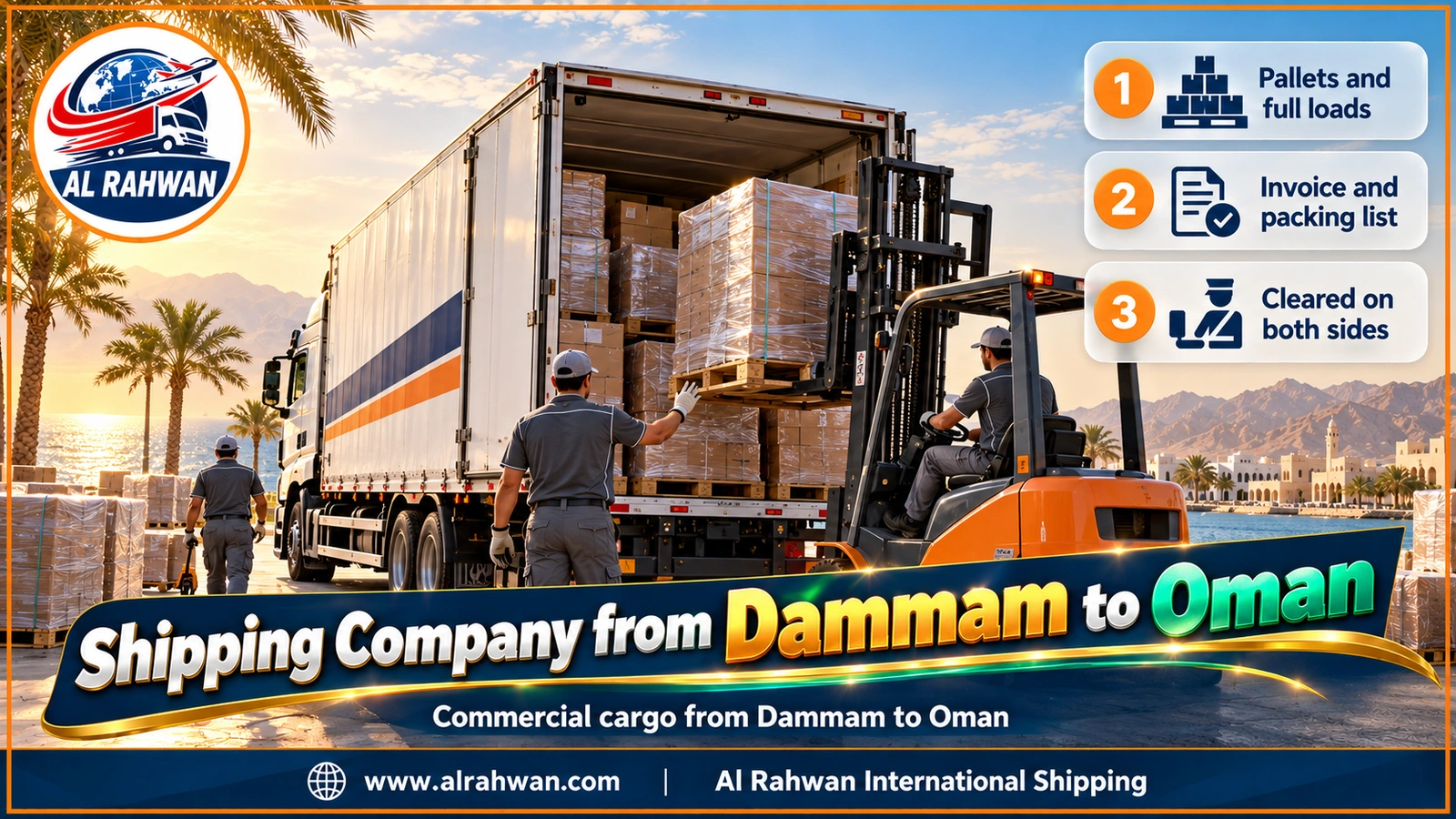 Shipping Company from Dammam to Oman - a forklift loading pallets of factory products into an enclosed truck at a Dammam warehouse bound for Oman