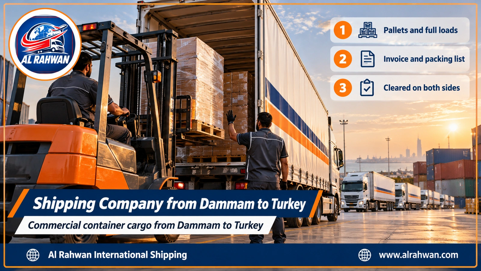 Shipping Company from Dammam to Turkey - a forklift loading commercial cargo pallets onto a container at a Dammam warehouse