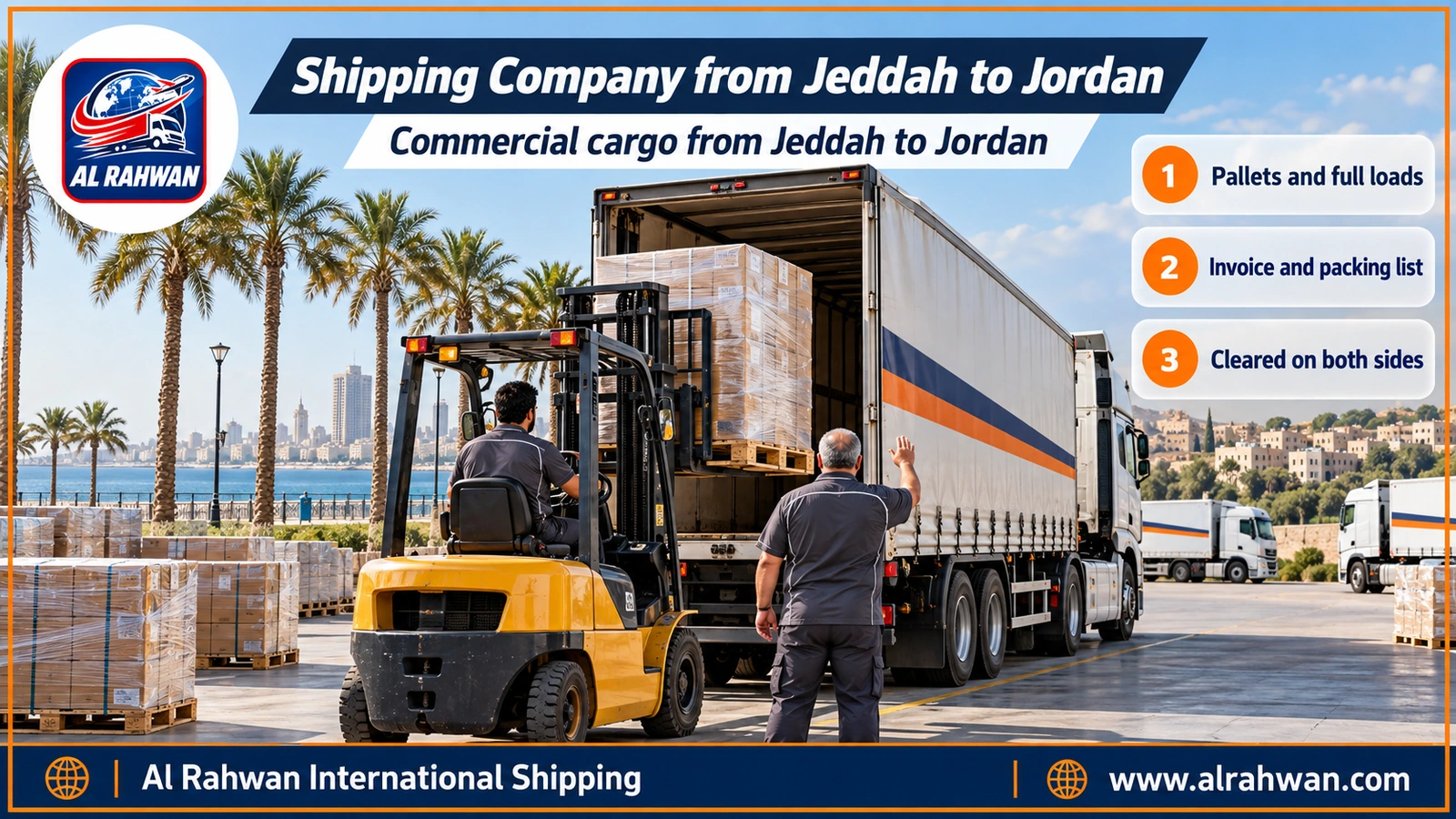Shipping Company from Jeddah to Jordan - a forklift loading palletized goods onto a commercial truck in a Jeddah warehouse heading to Jordan