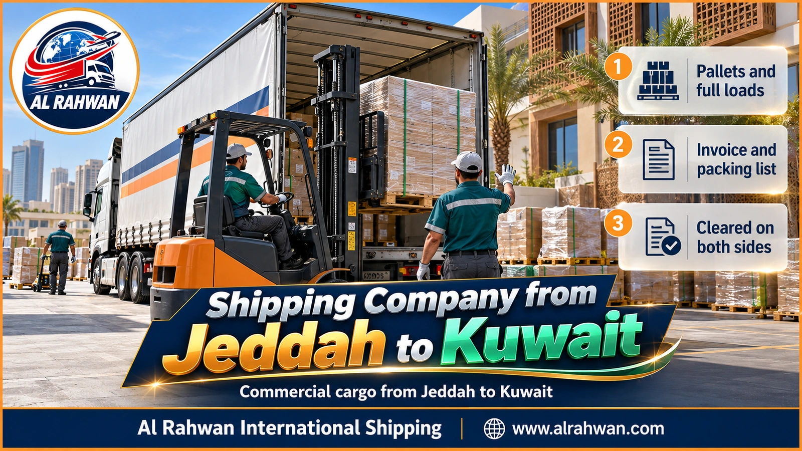 Forklift loading pallets onto a truck of a shipping company from Jeddah to Kuwait at a Jeddah warehouse