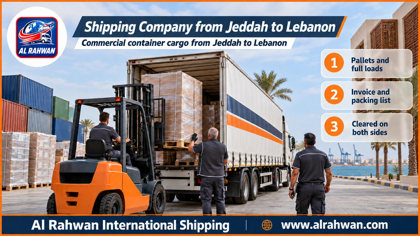 Shipping Company from Jeddah to Lebanon - a forklift loading commercial cargo pallets onto a container at a Saudi warehouse