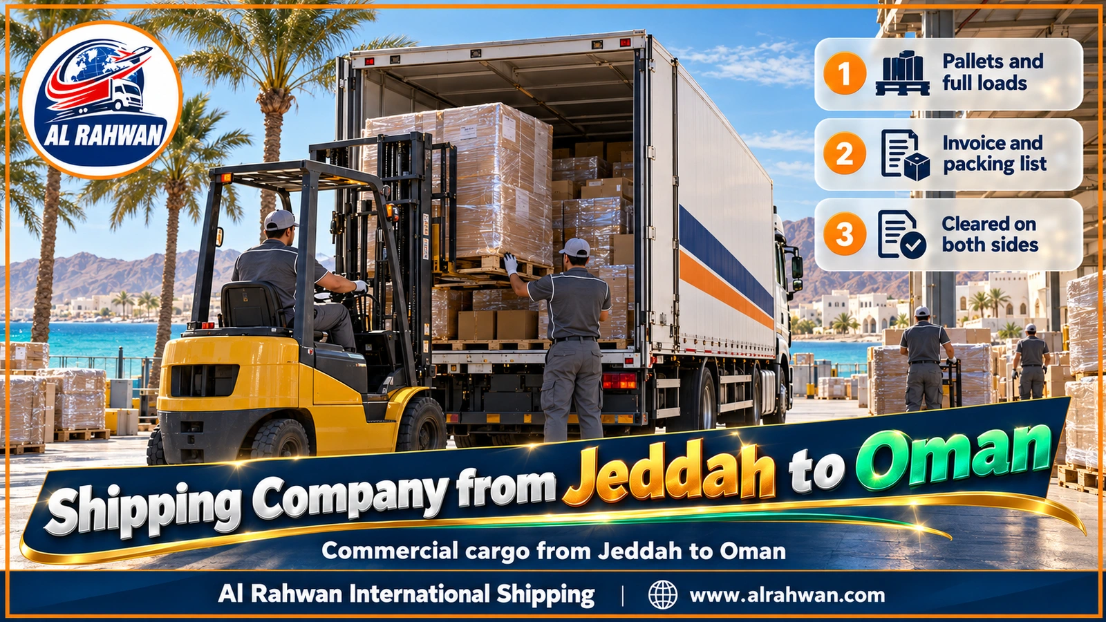 Shipping Company from Jeddah to Oman - Shrink-wrapped pallets lifted by a forklift into an enclosed truck at a warehouse in Al Khumrah, Jeddah