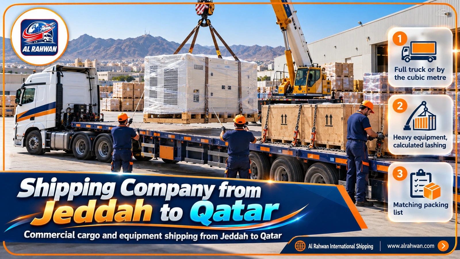 Lifting wrapped industrial equipment onto a trailer in Jeddah for shipping to Qatar