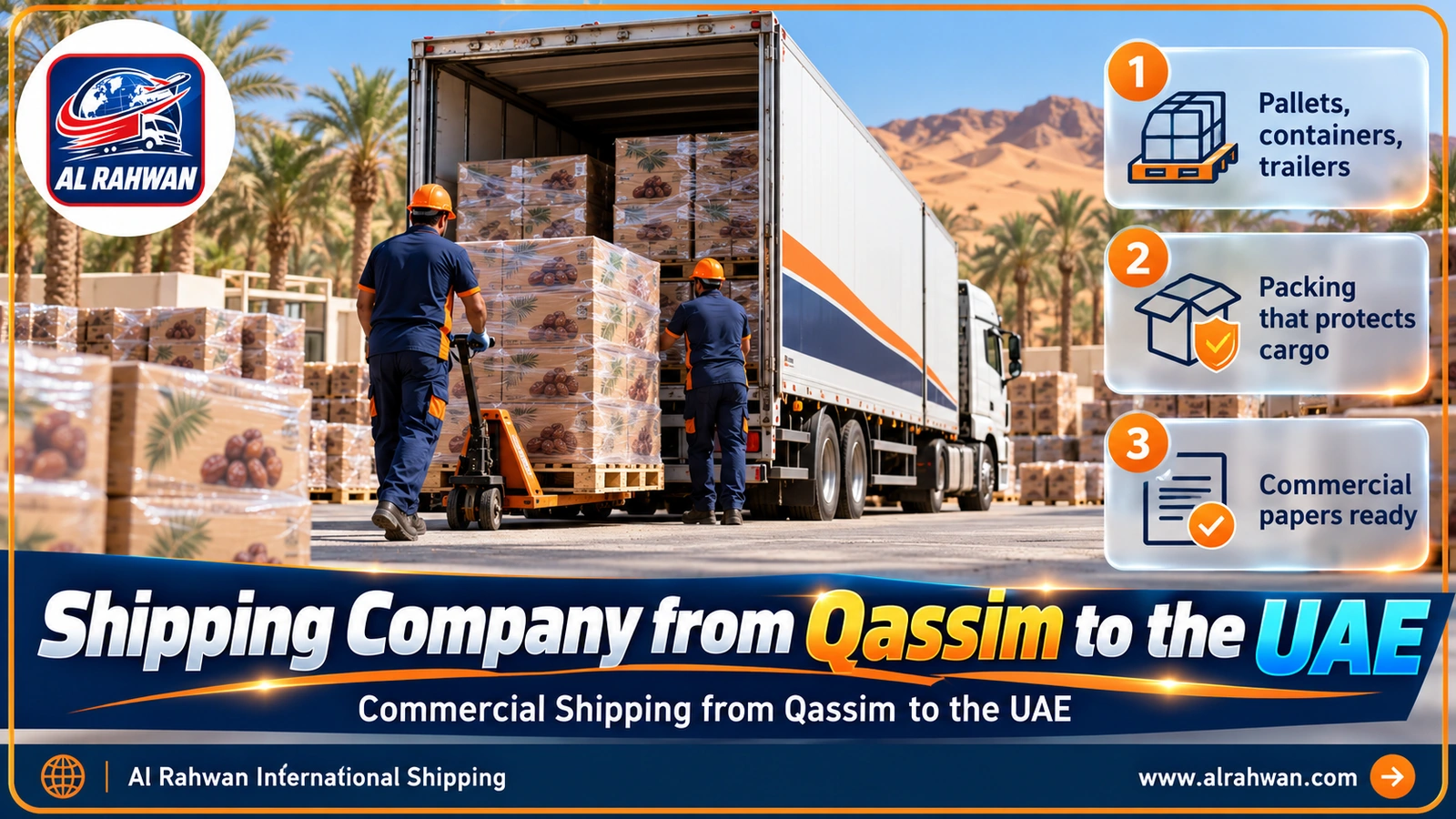 Loading pallets of packed dates onto a commercial truck in Qassim for the UAE