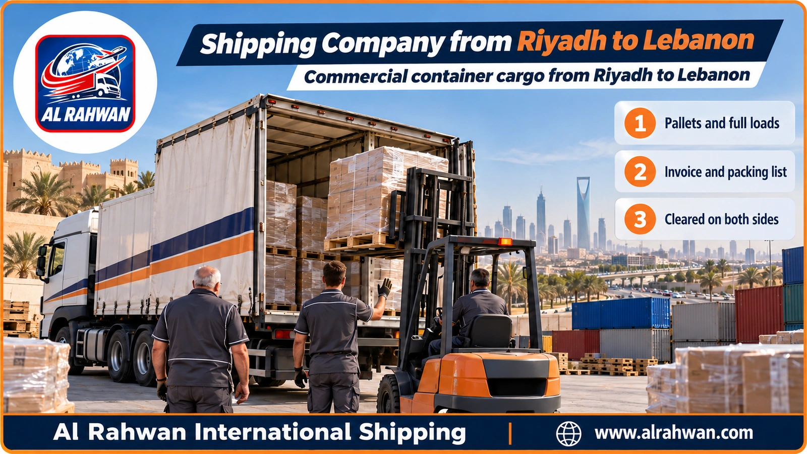 Shipping Company from Riyadh to Lebanon - a forklift loading commercial cargo pallets onto a container at a Saudi warehouse