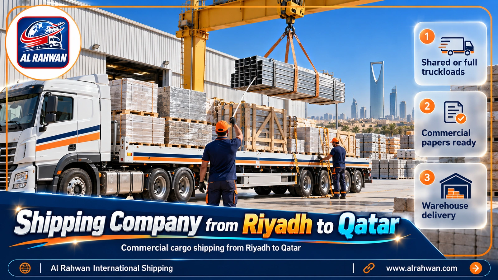 Crane loading building materials onto a trailer of a shipping company from Riyadh to Qatar in an industrial city