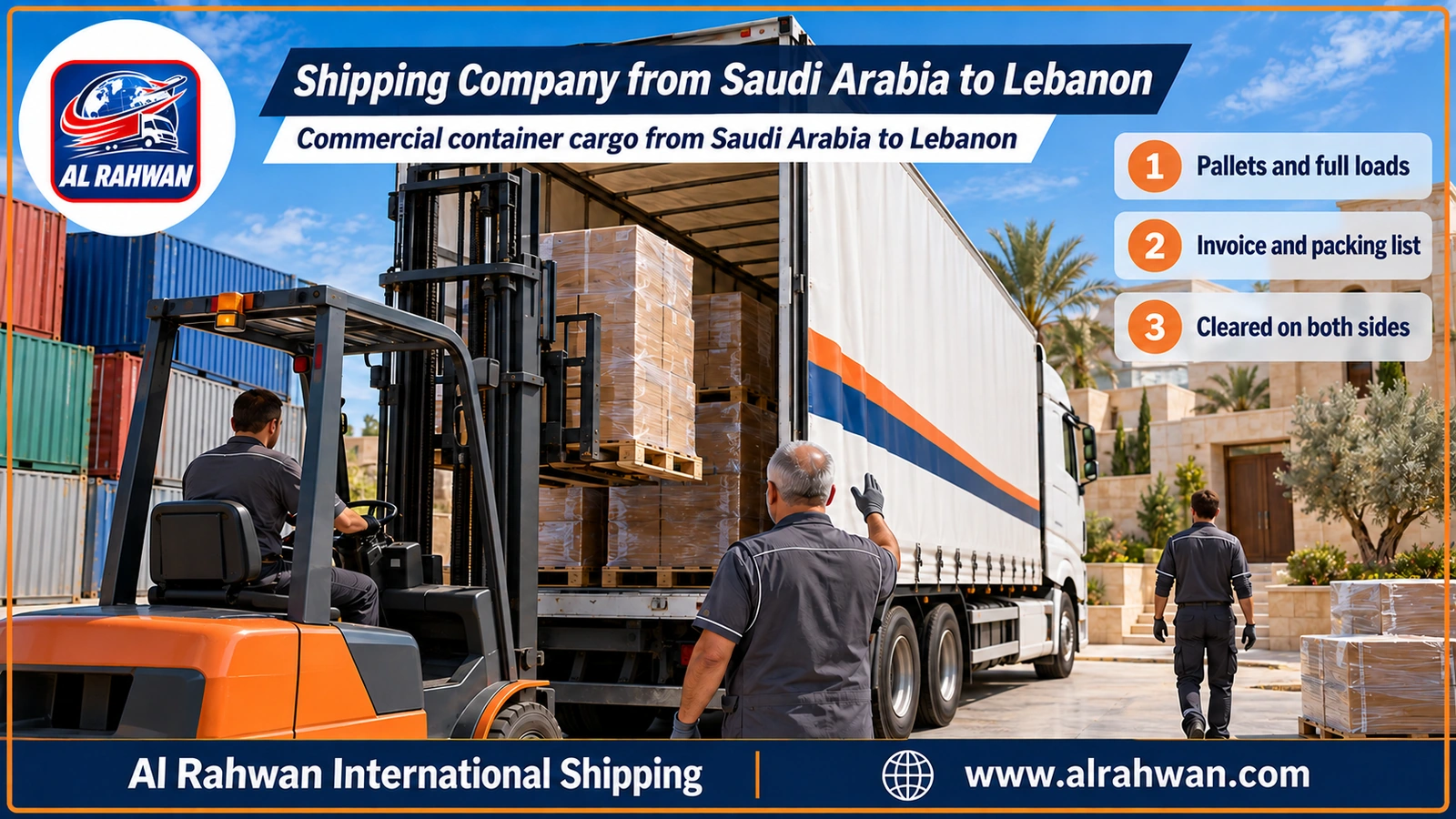 Shipping Company from Saudi Arabia to Lebanon - a forklift loading commercial cargo pallets onto a container at a Saudi warehouse
