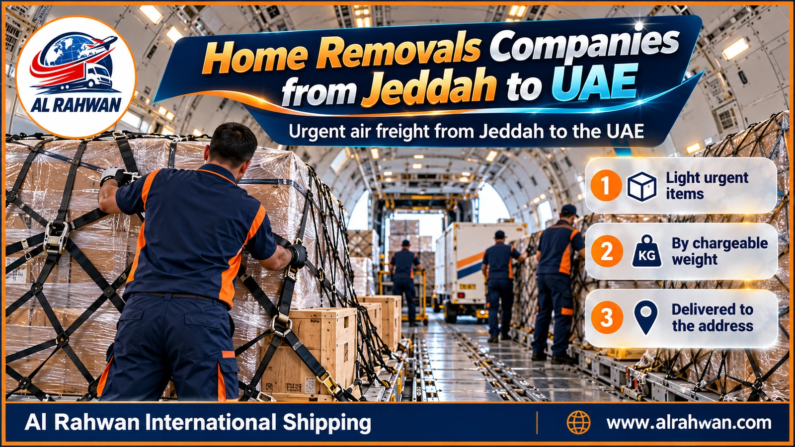 Urgent parcels and suitcases on a cargo pallet beside an aircraft at King Abdulaziz Airport in Jeddah before departure to the UAE