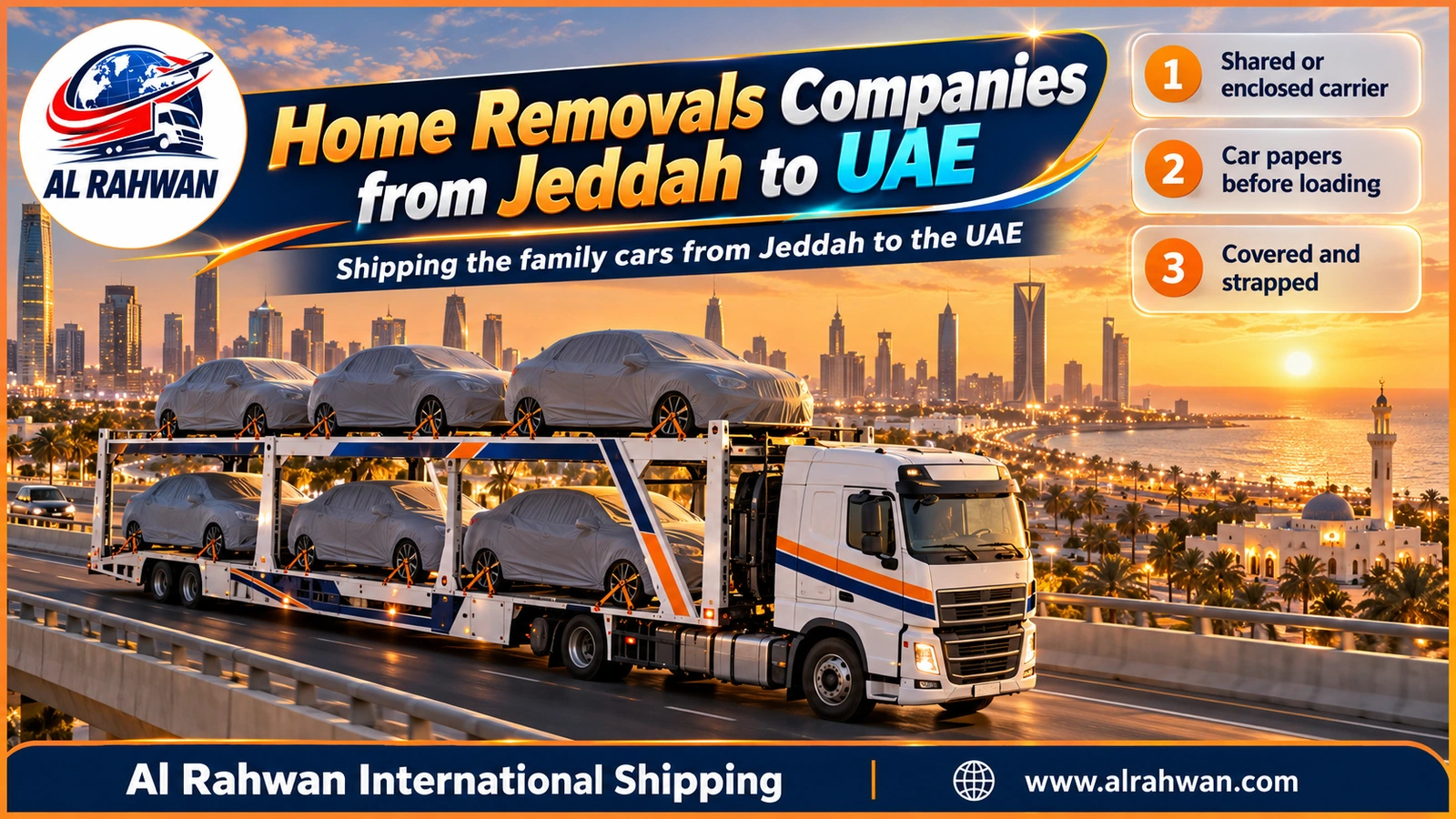Multi-deck car carrier loaded with covered family cars held down by straps on the way from Jeddah to the UAE