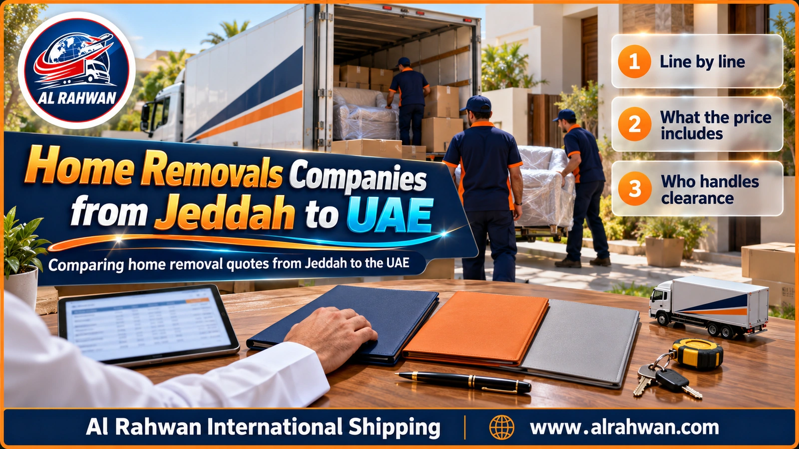 Man reviewing three home removal quotes on a table in a Jeddah home before choosing a mover