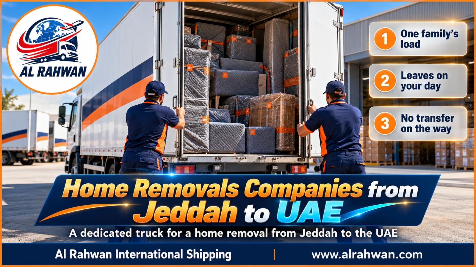 Closed truck dedicated to a single household being loaded outside a Jeddah villa before leaving for the UAE
