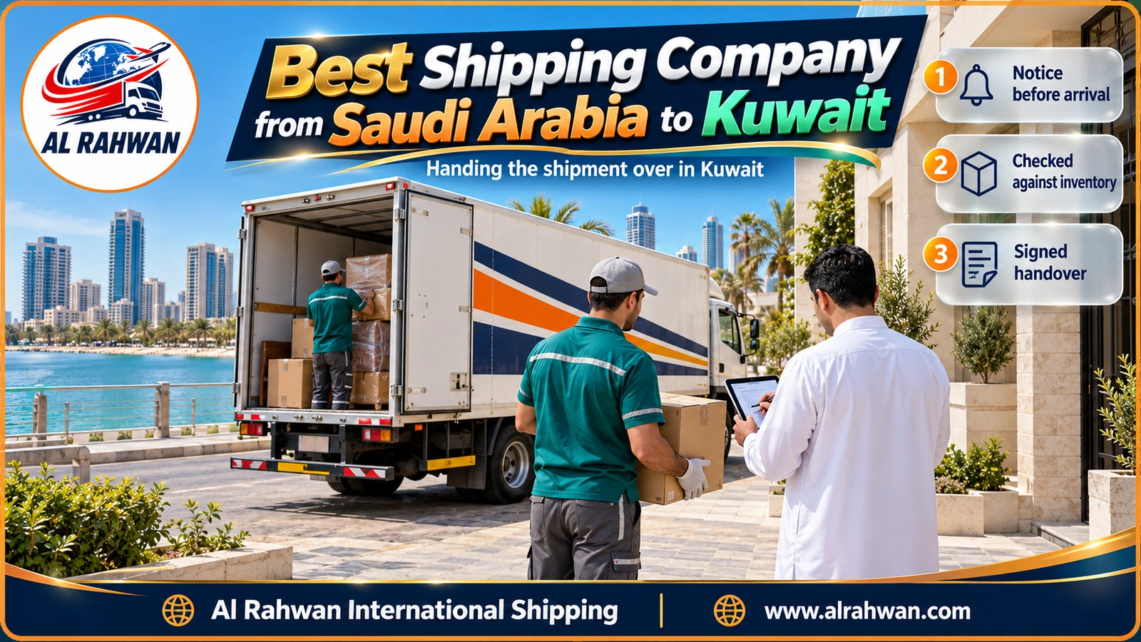 Crew of the best shipping company from Saudi Arabia to Kuwait handing the shipment to the receiver and checking the inventory