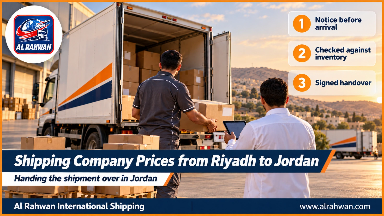 Shipping Company Prices from Riyadh to Jordan - a delivery crew unloading numbered boxes and checking them against the inventory in front of the receiver in Amman after shipping from Riyadh