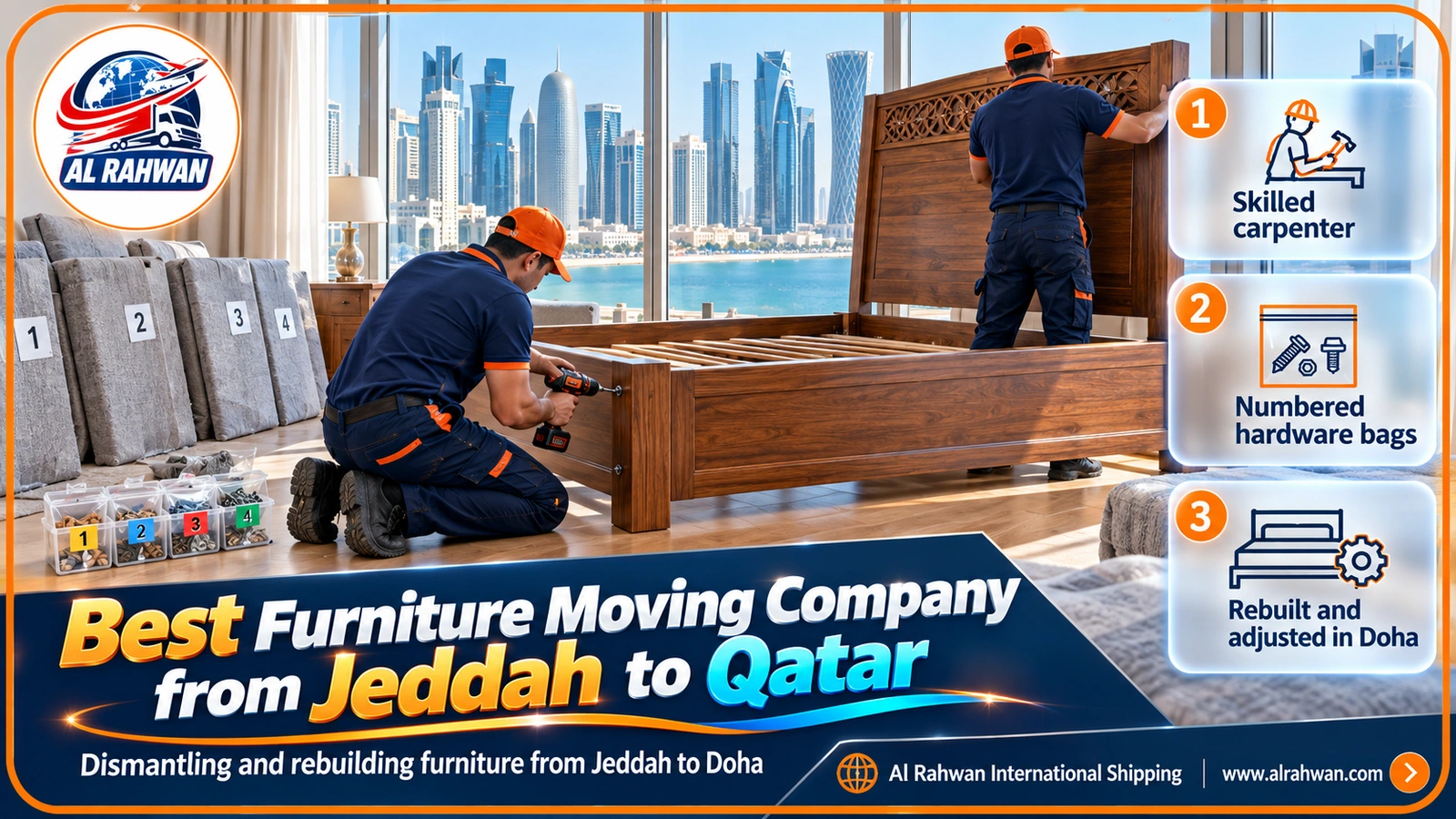 Carpenter from the best furniture moving company from Jeddah to Qatar reassembling a wooden bed in a Doha flat