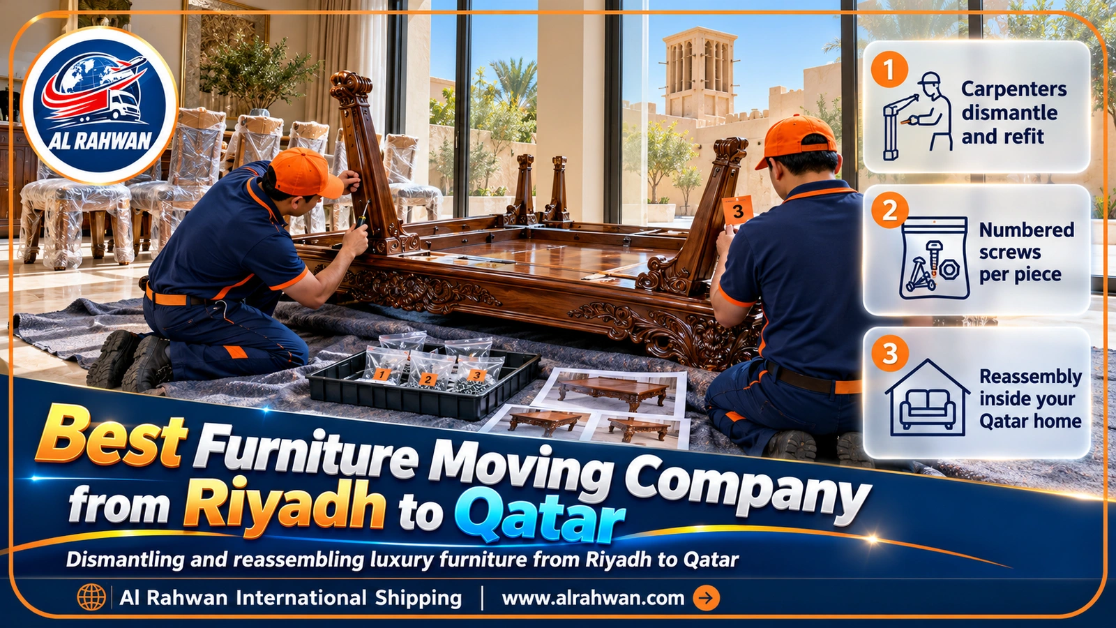 Best furniture moving company from Riyadh to Qatar - crew reassembling a wooden dining table in Qatar