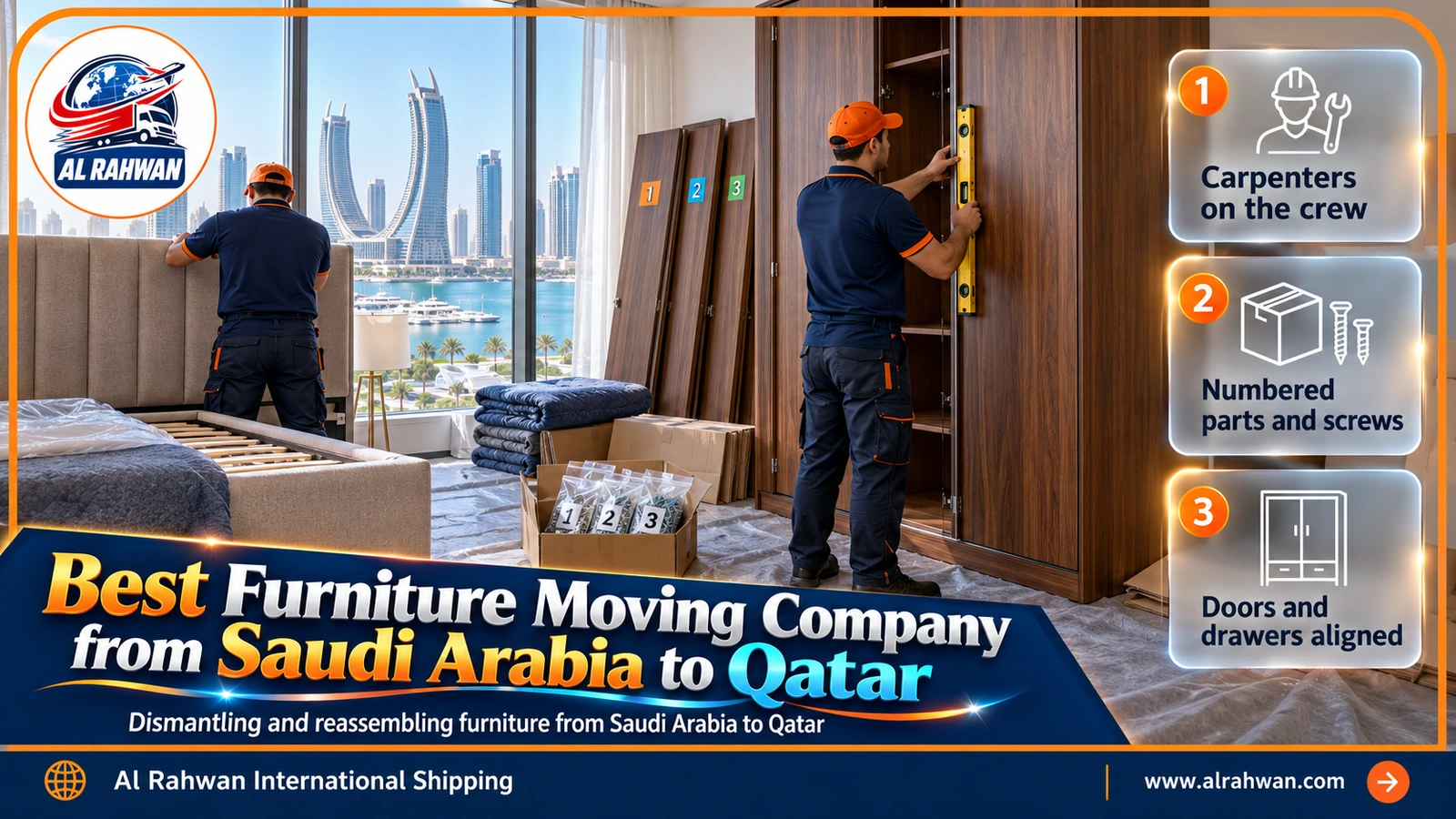 best furniture moving company from Saudi Arabia to Qatar - an Al Rahwan carpenter reassembling a wooden wardrobe in a new flat in Qatar