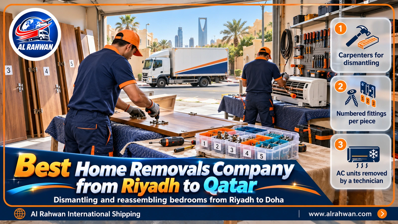 best home removals company from Riyadh to Qatar - carpenter dismantling a wardrobe and technician preparing an air conditioner in a Riyadh villa