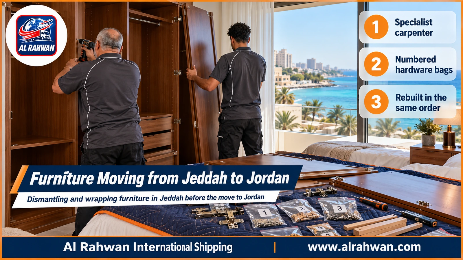Furniture Moving from Jeddah to Jordan - A carpenter dismantles a wooden kitchen cabinet in a Jeddah home and places its screws in a numbered bag before the move to Jordan