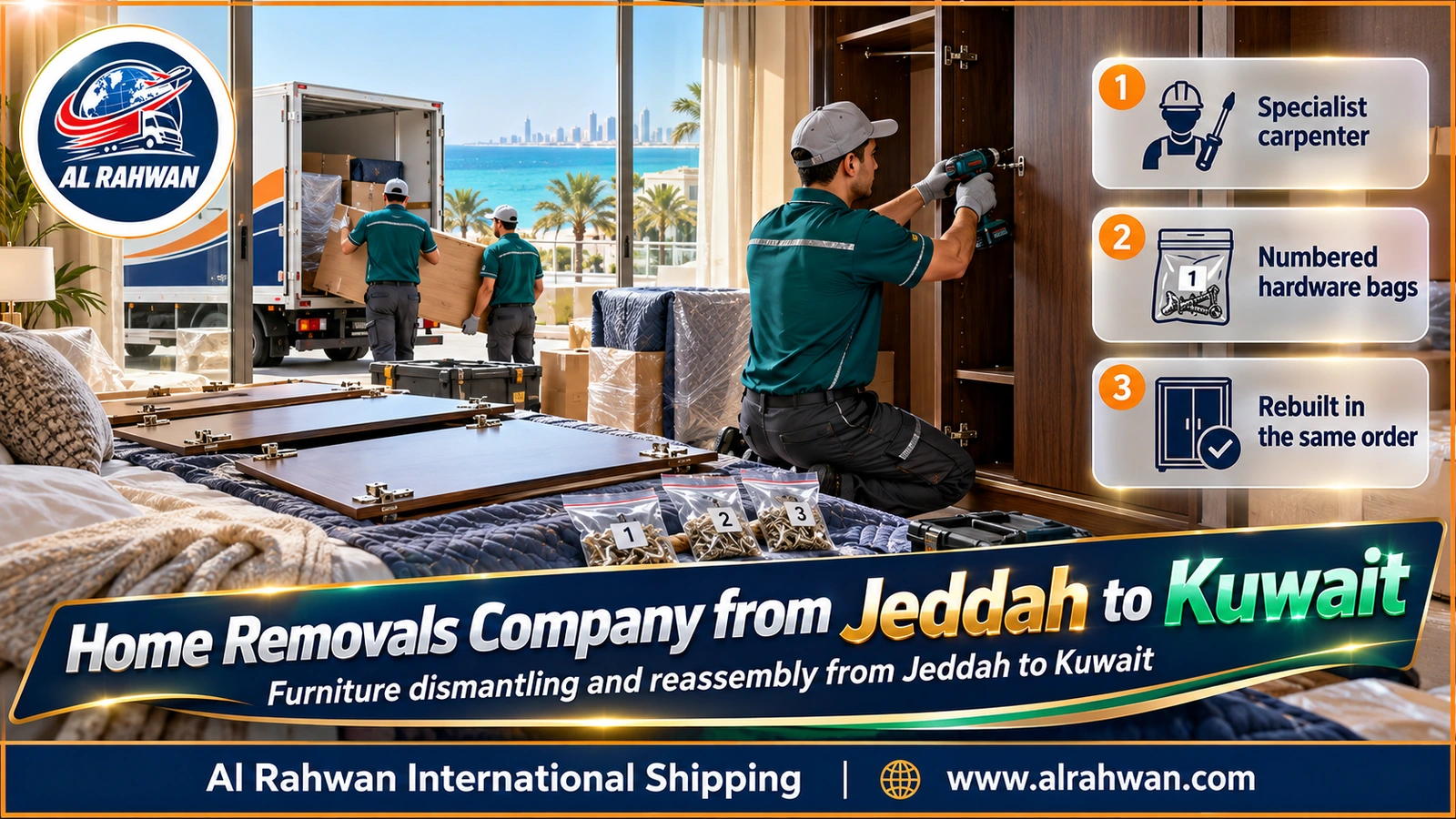 Carpenter dismantling a bedroom wardrobe in Jeddah and numbering its panels before shipping to Kuwait