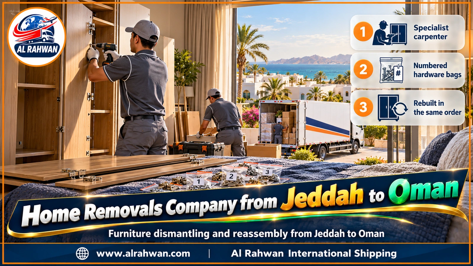 home removals company from jeddah to oman - a carpenter taking apart a bedroom wardrobe and numbering its doors in a Jeddah villa