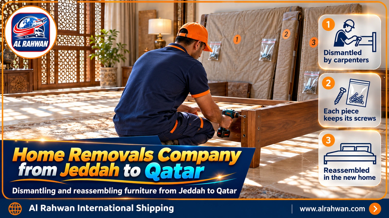 Carpenter dismantling a bedroom wardrobe in Jeddah before a home removal to Qatar