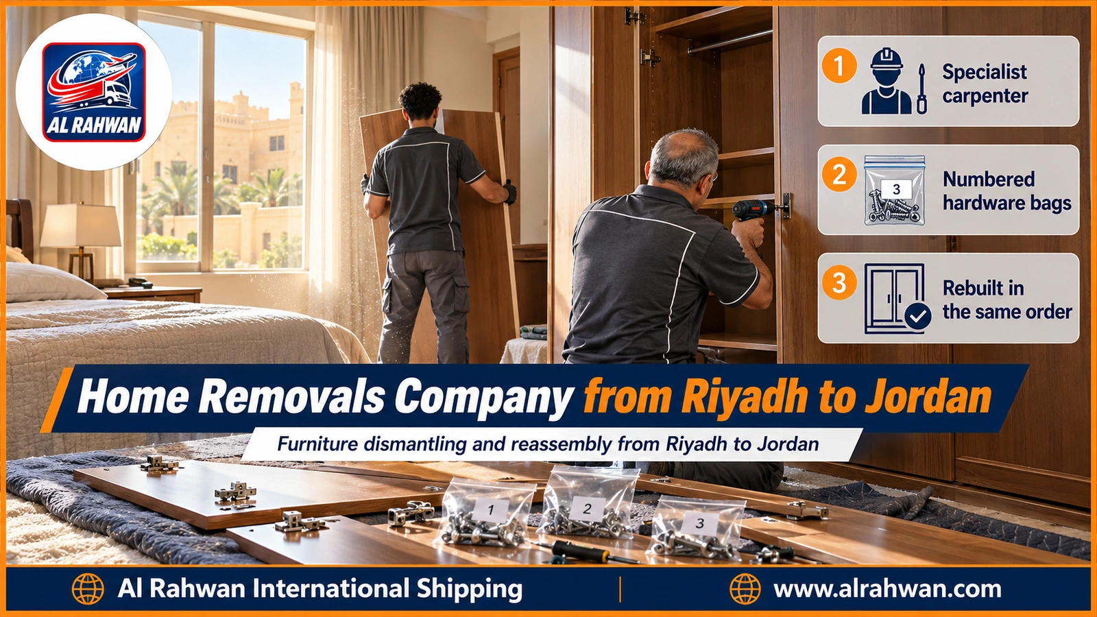 home removals company from riyadh to jordan - a carpenter removing the doors of a large bedroom wardrobe in riyadh while a colleague numbers the panels and bags the screws