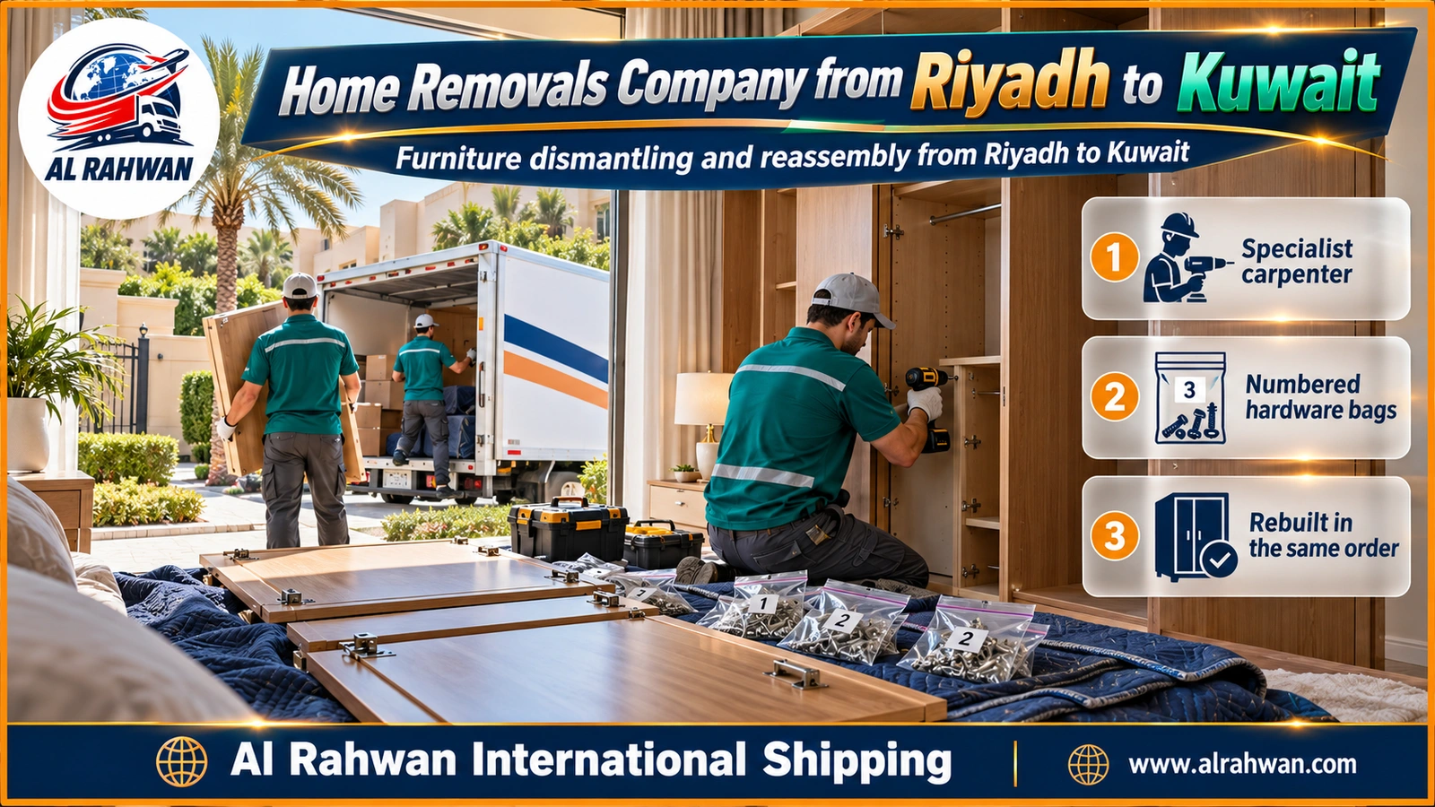 Home removals company from Riyadh to Kuwait - a carpenter taking apart a bedroom wardrobe and numbering its parts