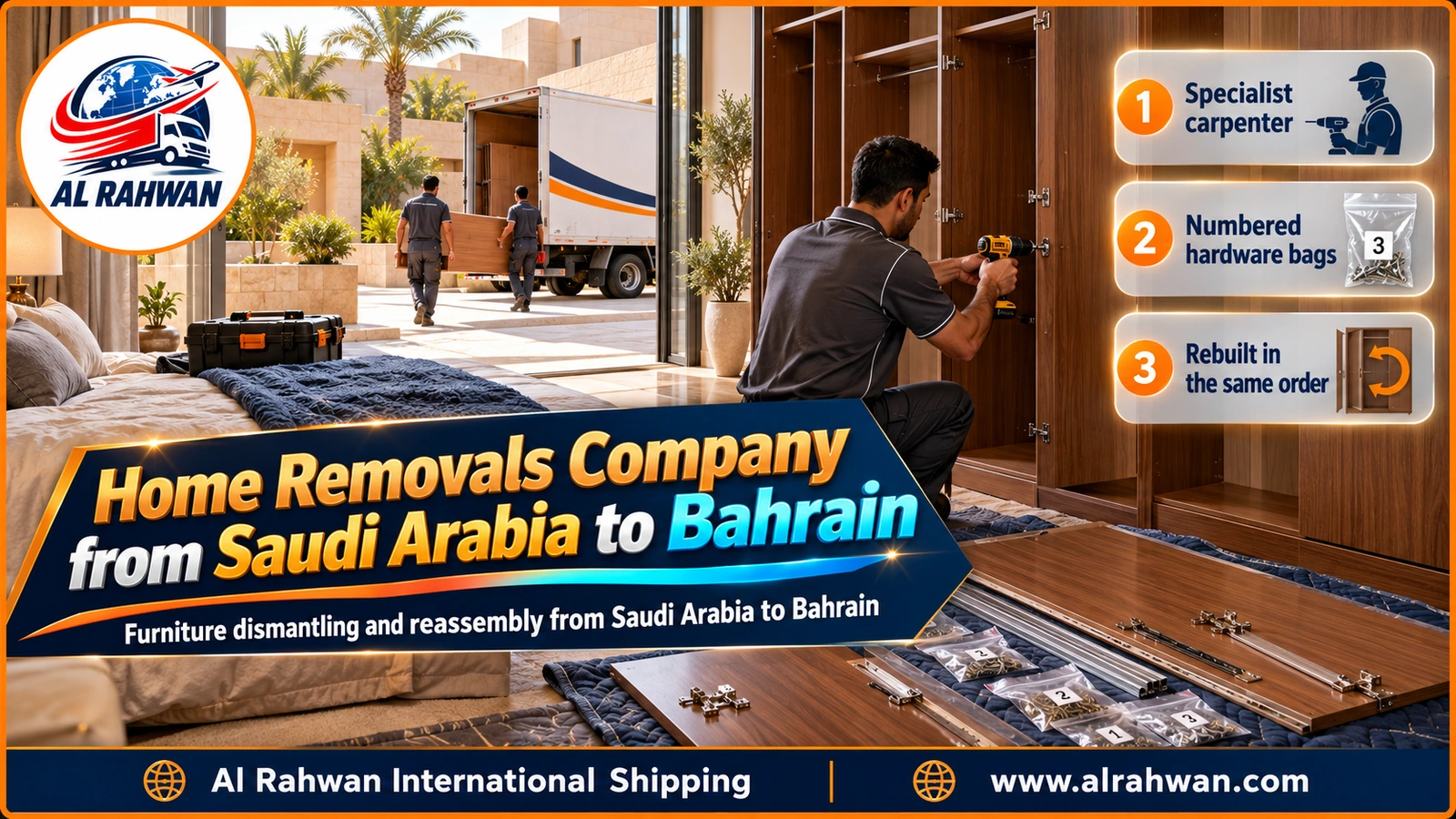 home removals company from saudi arabia to bahrain - a carpenter dismantling a bedroom wardrobe and numbering its panels