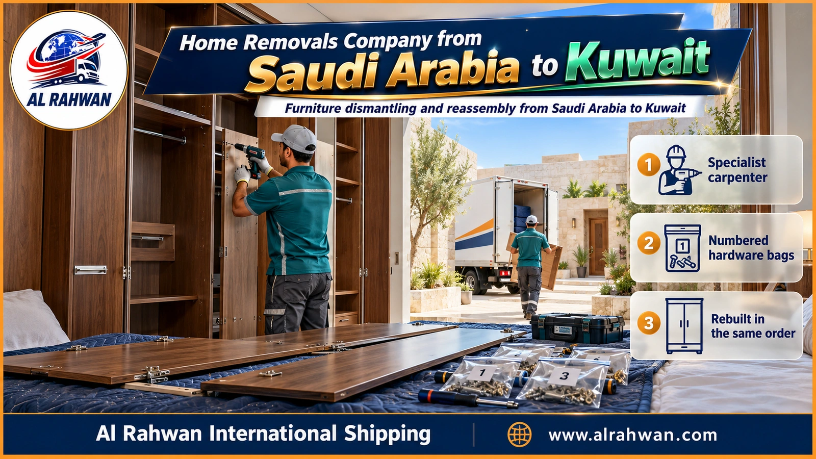 Carpenter in a navy shirt taking apart a large wardrobe with a cordless screwdriver, its doors laid on blankets, before the move to Kuwait