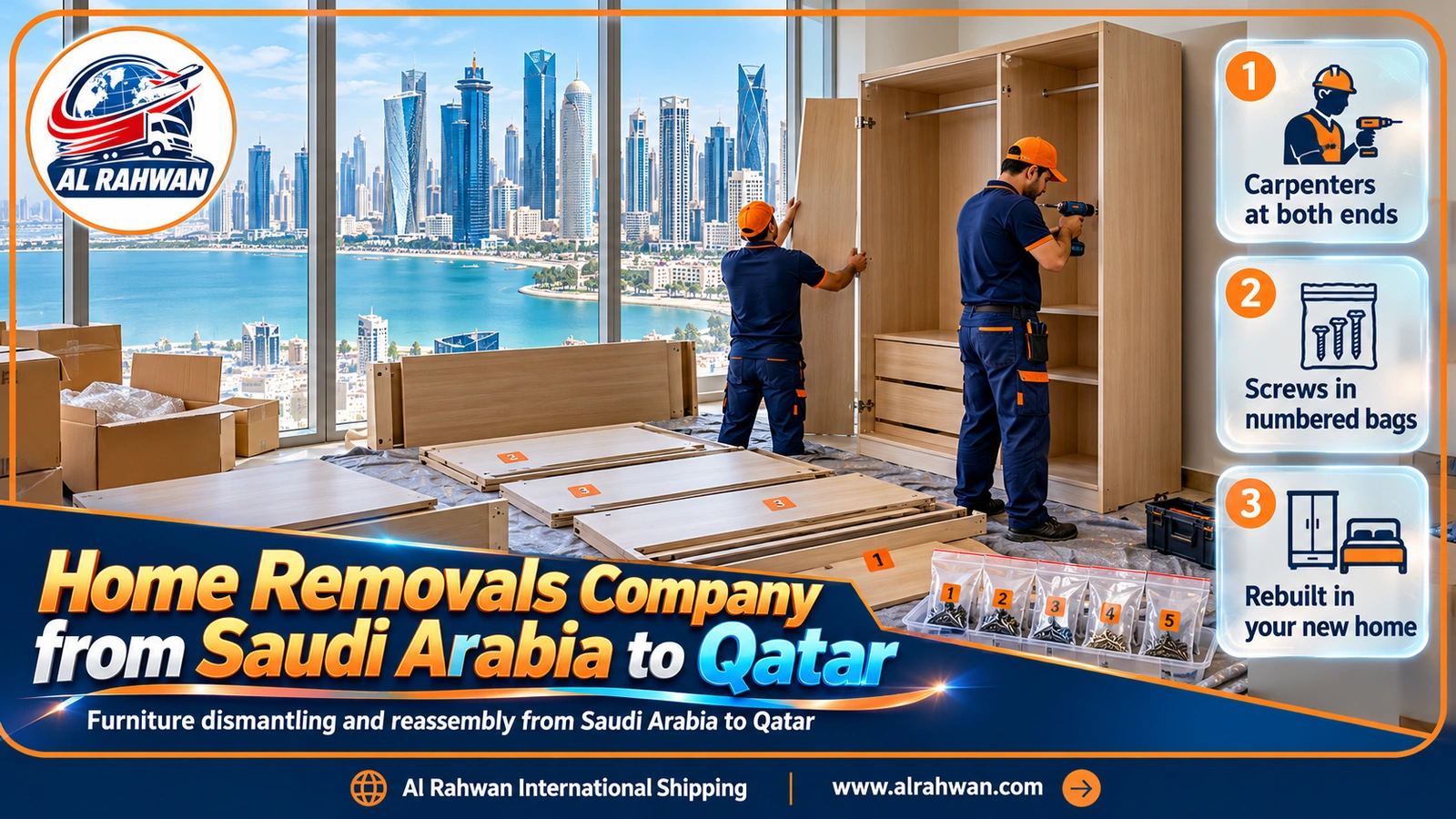 A carpenter reassembling furniture after the move from Saudi Arabia to Qatar