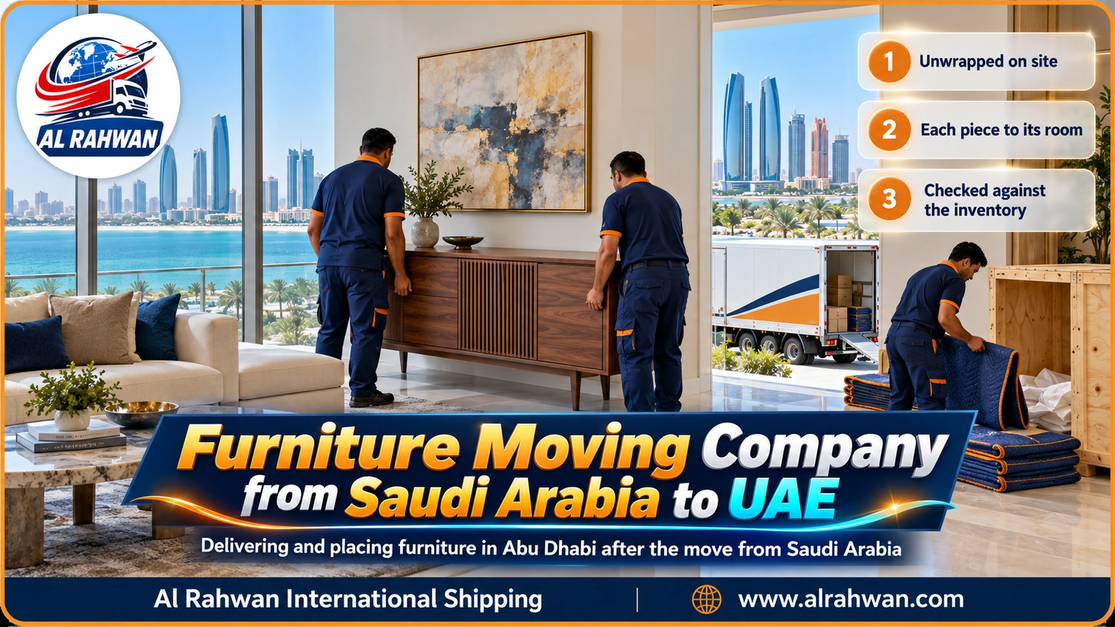 Al Rahwan crew assembling a dining table and placing a sofa inside a villa in Abu Dhabi after moving the furniture from Saudi Arabia