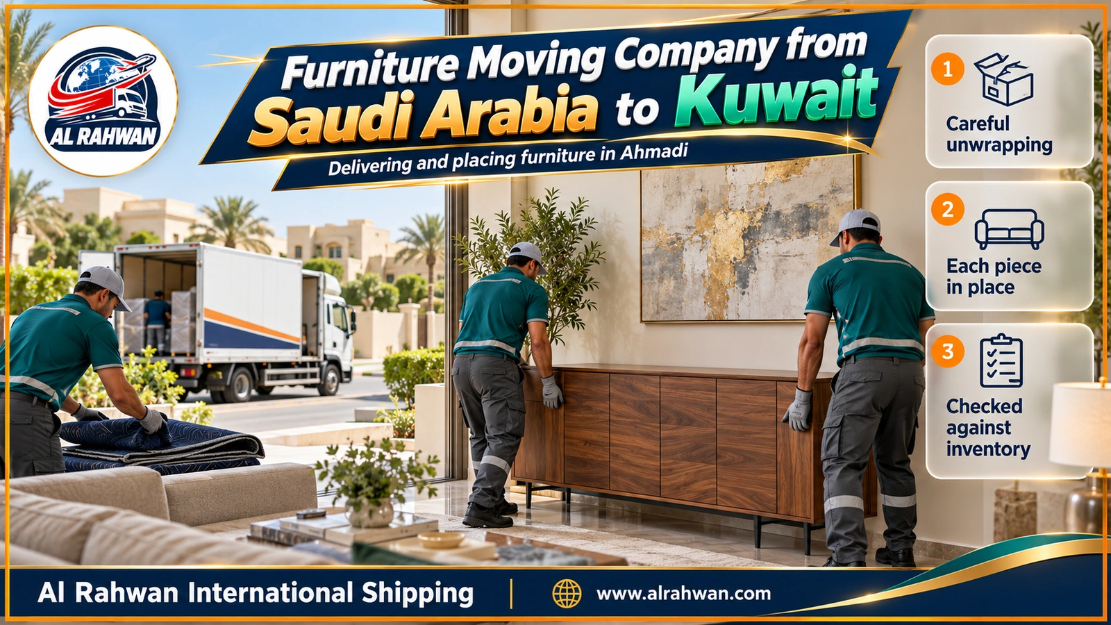Two movers in navy shirts placing an unwrapped walnut sideboard in a bright living room of a home in Ahmadi while a third folds a moving blanket